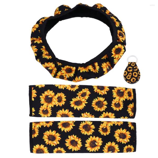 Fundas para volante 1 juego/4 Uds. Protector de coche de girasol suave y exquisito, funda para cinturón de seguridad, llavero para la mayoría