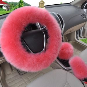 Stuurwielafdekkingen 2021 Winterauto-styling Warm Long Wool pluche deksel wollen handrem auto-accessoire roze roze