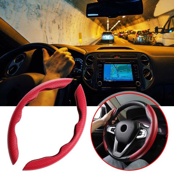 Cubiertas del volante 2 piezas Car Auto Vehicle Cubierta antideslizante Fibra de carbono Universal Rojo Decoración duradera Accesorios interiores Cubiertas de dirección