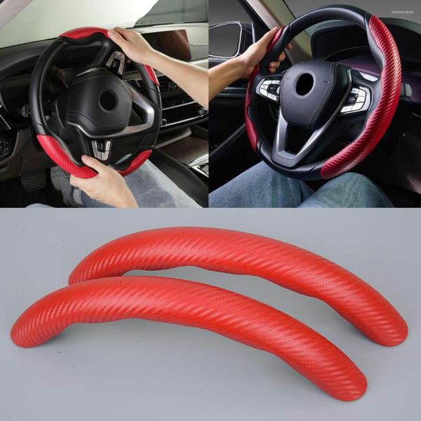 Cubiertas de volante 2 piezas Protector de cubierta antideslizante para autos universales Estilo de fibra de carbono rojo