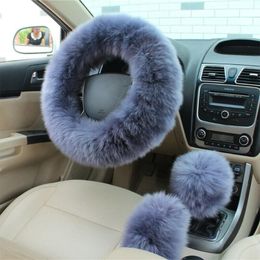 Housses de volant 3 pièces/ensemble couverture garder au chaud facile à installer voiture intérieur protection artificielle laine frein à main accessoire décoratif