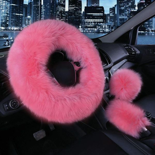 Couvre Volant 38cm Universel Couleur Unie 3 Pièces / Set Hiver Chaud Moelleux En Peluche Couverture De Voiture Auto Pièces Fournitures DécorationSteering