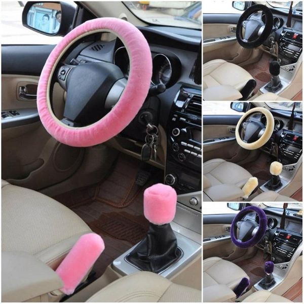 Couvre volant 3 pièces/ensemble voiture Auto hiver couverture souple frein à main pommeau couvre/chaud Super épais peluche changement de vitesse collier direction