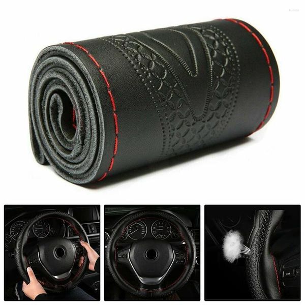 Couvre-volant Couverture automatique Couverture de voiture noire Cuir Fil rouge DIY Décor Couture à la main Set Anti-dérapant