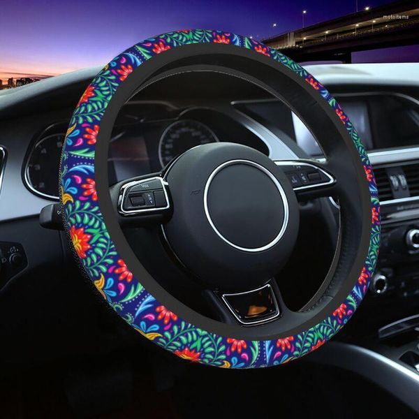 Cubiertas de volante Hermosa cubierta de arte floral mexicano para niñas Protector suave de México Ajuste universal Coche de 14.5-15 pulgadas