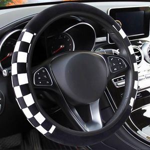 Fundas para volante, funda a cuadros en blanco y negro, felpa elástica para coche sin anillo interior, accesorios UniversalSteering