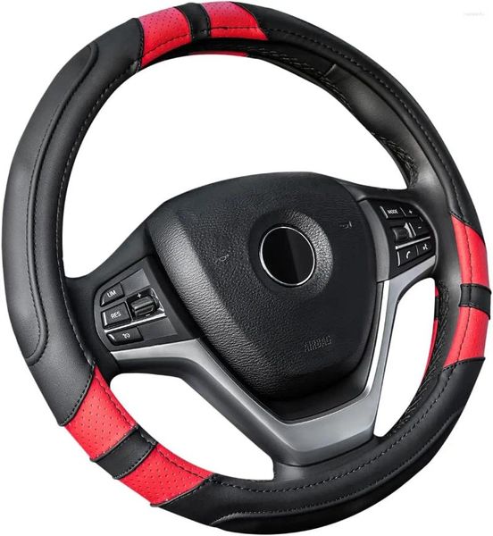 Couvertures de volant Couverture de voiture noire et rouge Universal 15 pouces avec contours de poignée en cuir Auto pour hommes femmes