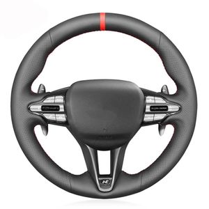 Housses de volant noir Faux cuir rouge marqueur couture à la main bâche de voiture pour I30 N 2022 Veloster 2022Steering CoversSteering