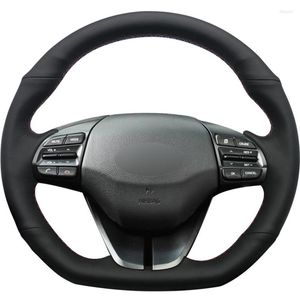 Stuurwielafdekkingen Zwart PU Faux Leather Diy Handgestikte autoverekking voor Elantra 4 2022 Ioniq 2022-2022