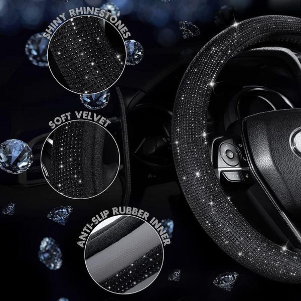 Couvre-volant Couverture de strass noirs pour femmes Bling Crystal Convient aux accessoires de voiture de 14 1/2 à 15 pouces Pièces intérieures Produits automobiles