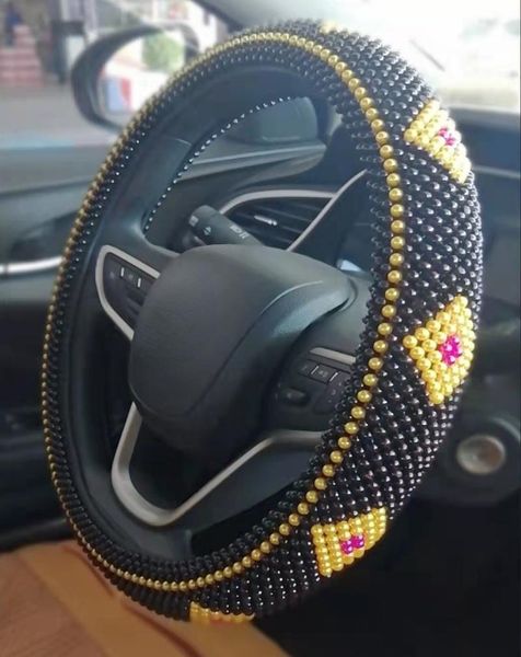 Cubiertas del volante Accesorios para automóviles Cubierta de 38 cm Negro Marrón Cuenta de madera Fresca Manillar antideslizante de verano con dirección de cuero