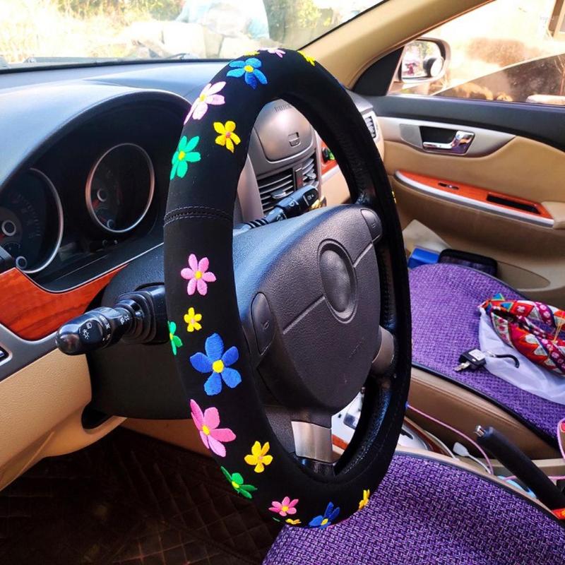 Steering Wheel Covers Car Colorful Embroidery Animals Protector Elastic Protective Sleeve Trucks Embroidered Flowers
