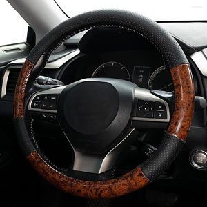 Cubiertas para volante, cubierta de coche, cuero negro de grano de madera para Universal, 14 1/2-15 pulgadas, transpirable, antideslizante, accesorios interiores para automóviles