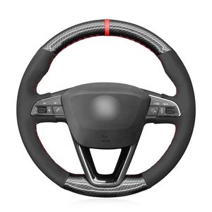 Cubiertas de volante de fibra de carbono, cubierta de coche de gamuza negra para Seat Leon 5F 3 2013-2022 Ibiza 6J Tarraco Arona Ateca Alhambra, cubiertas de direcciónSt