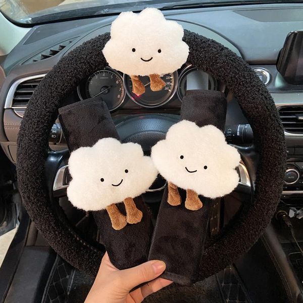 Housses de volant Housse de voiture universelle en nuage mignon avec ensemble de ceinture de sécurité automatique en peluche douce Dot Bow Imitate Lamb Wool Wheels CasesSteering