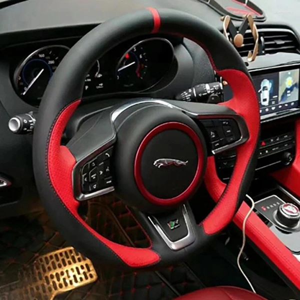 Cubiertas del volante DIY Cosido a mano Alcantara Cubierta de cuero rojo negro para Jaguar XFL F-TYPE F-PACE XE XF XJL E-PACE Accesorios