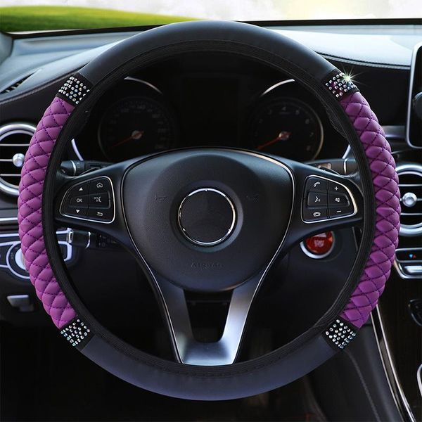 Couvre Volant Four Seasons Universel 37/38cm Cuir Brodé Couleur Diamant Clouté Élastique Couverture Grip Voiture AccessoiresDirection