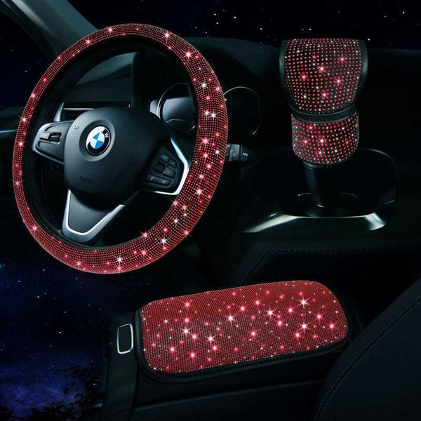 Cubiertas del volante Perforación completa Cubierta del volante del automóvil Conjunto Glitte Rhinestones Asiento Consola Apoyabrazos Caja Cojín Cojín Freno de mano Protector para mujeres T221108