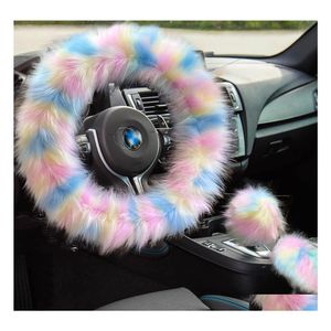 Cubiertas del volante Fuzzy Er para mujeres Chica Linda Fluffy con freno de mano Cambio de marcha Piel Peluche Antideslizante Peludo Drop Entrega Móviles Mo Dhz8R