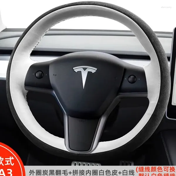 Cubiertas de volante Cosidas a mano Cubierta de automóvil de cuero genuino blanco negro para Tesla Modelo 3 2024-2024 Y Accesorios