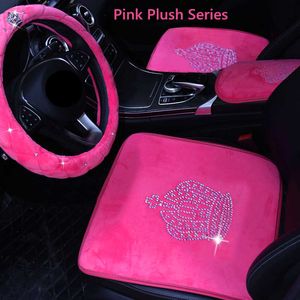 Cubiertas del volante Hot Pink Bling Car Accessories Interior Set para mujeres niñas Glitter Plush Warm Automotive Seat Covers Cojín Crystal Crown Deco T221108