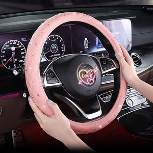 Stuurwielbedekkingen Lady Crystal Car Cover Women Red Pink Black Leather Universal 38cm Bling Accessories Auto Decoration for Girlsteering