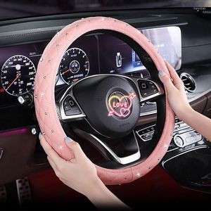 Stuurwielbedekkingen Lady Crystal Car Cover Women Red Pink Black Leather Universal 38cm Bling Accessories Auto Decoration for Girl