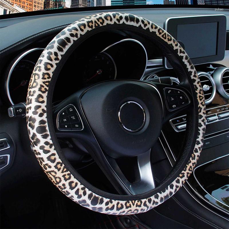 Fundas de volante de cuero camuflaje estampado de leopardo funda de coche elástica antideslizante suave Universal volante 38cm estilo