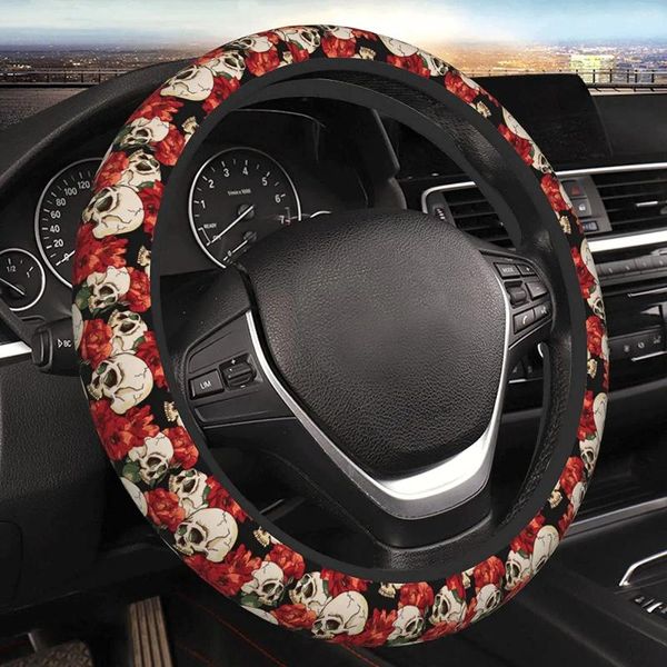 Couvre le volant Skull Red Flower Cover Néoprène Universal 15 pouces Protecteur de voiture pour femmes hommes