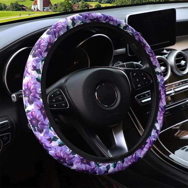 Couvre Volant Housse De Voiture Universelle 38CM Fleur Pourpre Matériel De Plongée Doux Élastique Style Pièces Automobiles IntérieurCouvre Volant