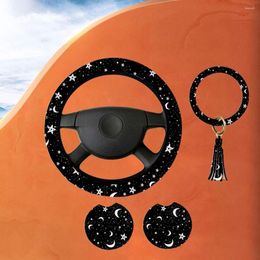 Stuurwielbedekkingen Universal Moons Stars Cover met 2 onderzetters en sleutelring anti-slip auto-accessoires ingesteld voor vrachtwagen SUV