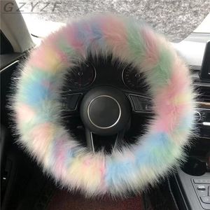 Stuurwiel bedekt vrouwen meisje kleurrijke dekking set winter warme auto schapenvacht pluche auto accessoriessteering coverssteering