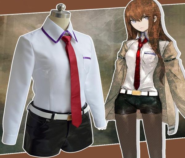 Disfraz de Cosplay de Steins Gate, juego de Anime japonés, uniformes Kurisu Makise, conjunto completo, abrigo, camisa, falda con lazo, disfraces hechos a medida5307659