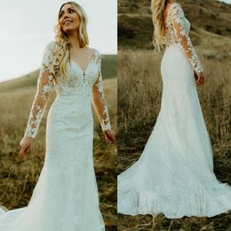 Stella Bridal Wedding Dress 2023 Sheer illusie Lange mouwen Mermaid Vestidos de Novia Court Train Robe de Mariee V-Neckline Hoofd-tot-teen Graphic Lace Details V-Back