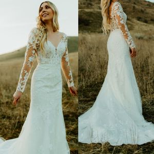 Stella Bridal Wedding Dress 2023 Sheer Illusion Mangas largas Sirena vestidos de novia Court Train robe de mariee Escote en V De pies a cabeza Gráfico Encaje Detalle V-Back