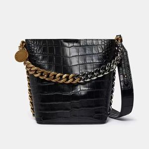 Stella Mccartney Bag Frayme Croco Eeffect Bolso de cubo en relieve Bolso de hombro Mujer Metálico Negro Clásico Crossbody Tote Bolsos de diseñador de lujo Cartera