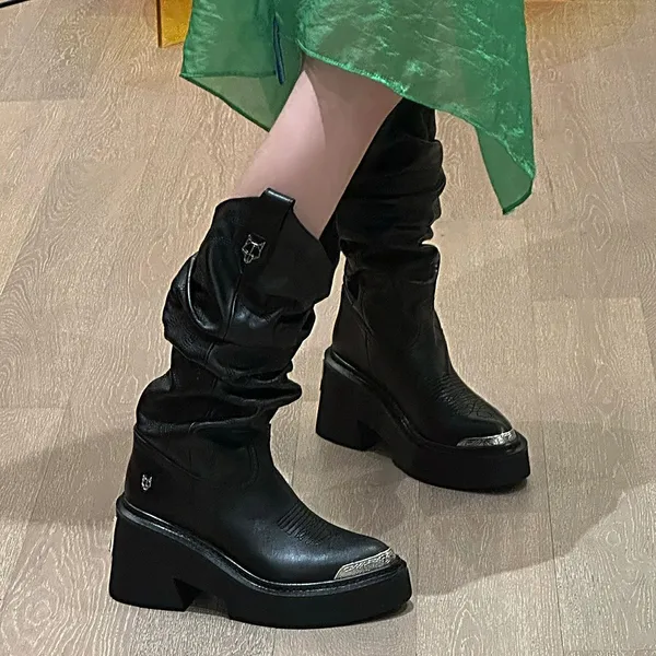 Stella Mccartney Stacked Wolf Botas hasta la rodilla desnudas Diseñador Zapatos de mujer Retro británico Fondo grueso Metal elevado Tacones de plataforma de 8 cm Martin Botines de combate