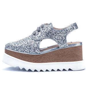 Stella Mccartney sandalias de cuña 2023 nuevas mujeres suela gruesa zapatos elevados versión coreana cuadrado con cordones casuales hasta sandalias para mujer