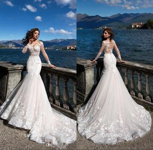 2022 Vestidos de novia de sirena de encaje Mangas largas transparentes Apliques vistos a través de la espalda Vestidos de novia de boda de talla grande con botones BA8521