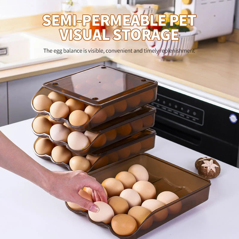 Stemware Racks Eieraufbewahrungsbox Automatisches Rollen Stapelbarer Kühlschrank Eier Organizer Platzsparender Behälter Tablett Knödelhalter Küche 231101