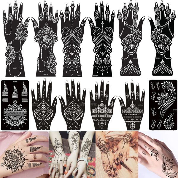 Plantillas 12 hojas Plantilla de tatuaje temporal Kit de pegatinas de tatuaje de Henna Plantilla de tatuaje con aerógrafo para brazo de mano para pegatina de arte corporal DIY