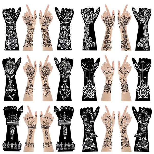 Pochoirs 12Sheet / Set Large Henné Hand Tattoo Pochies Fleur paillettes aérographe Mehndi Modèle de tatouage au henné indien Pochoir pour peinture à la main