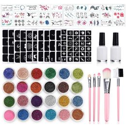 Sjablonen 182 stuks glitter tattoo set 24 kleuren 30 unieke thema tijdelijke stickers 120 patronen holle mallen body art glitter tattoo kit