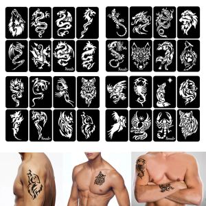 Plantillas 32 unids/lote, plantilla de plantillas de tatuaje reutilizables de animales de dragón y lobo para pintura de brazo, espalda y pecho, pegatinas de tatuaje con aerógrafo, 4 hojas