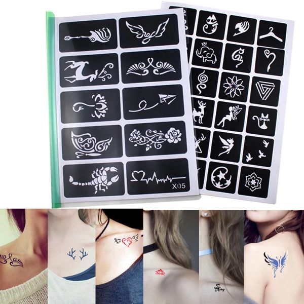 Plantillas 446 unids/lote 20 hojas plantillas de tatuajes de Henna con purpurina, libro de plantillas para mujeres, pintura corporal facial, álbum de tatuajes con aerógrafo de mariposa