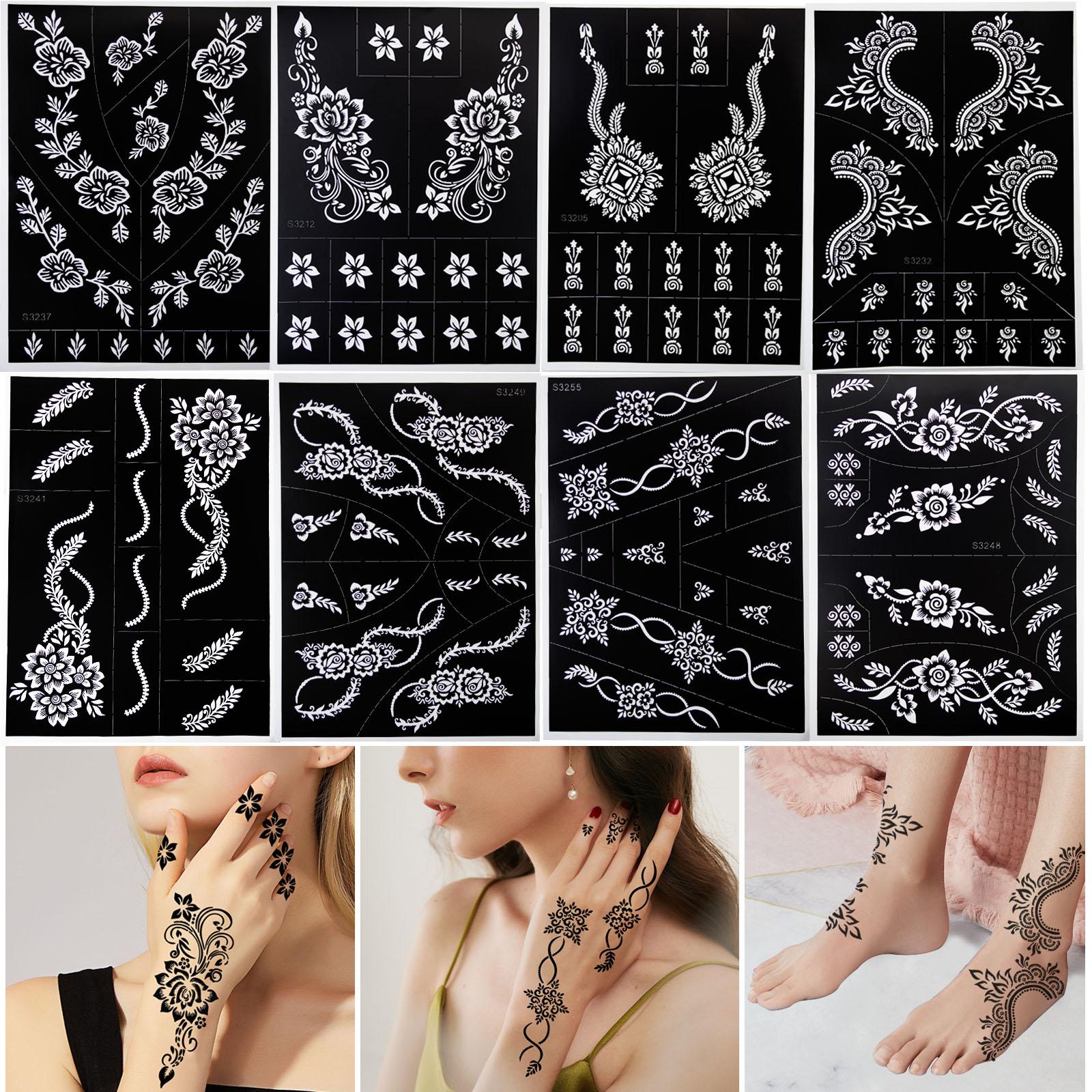 Estênceis 8 folhas de tatuagem de tatuagem de henna folhas para pintura de arte corporal de mão adesivo de tatuagem temporária 24 * 17 cm