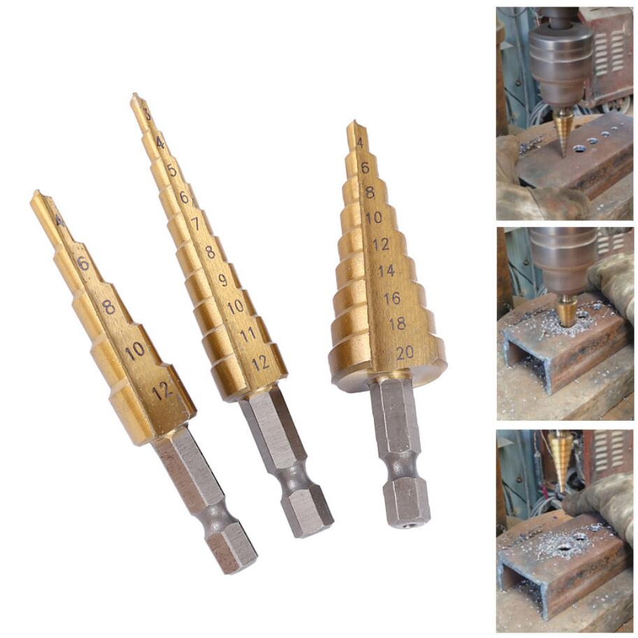 Steg borrbitar vassare för metallsteg multifunktion träuppsättning träbearbetningsverktyg av stegad borrbit koniska steg med väska