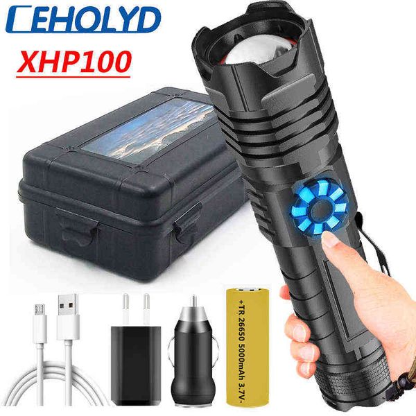 Gradation en continu XHP100 Lampe de poche LED Type-C Banque d'alimentation rechargeable USB 18650 26650 Batterie Torche en aluminium Lanterne zoomable J220713