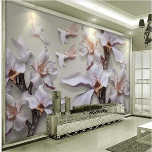 stereoscopisch behang 3D stereo witte magnolia reliëf woonkamer achtergrond muur decoratie schilderen