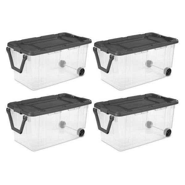 Sterilite Boîte empileur en plastique de 160 litres, conteneur de rangement avec couvercle pour l'organisation de la maison et du garage, chaussures, outils, couvercle gris à base transparente, paquet de 4